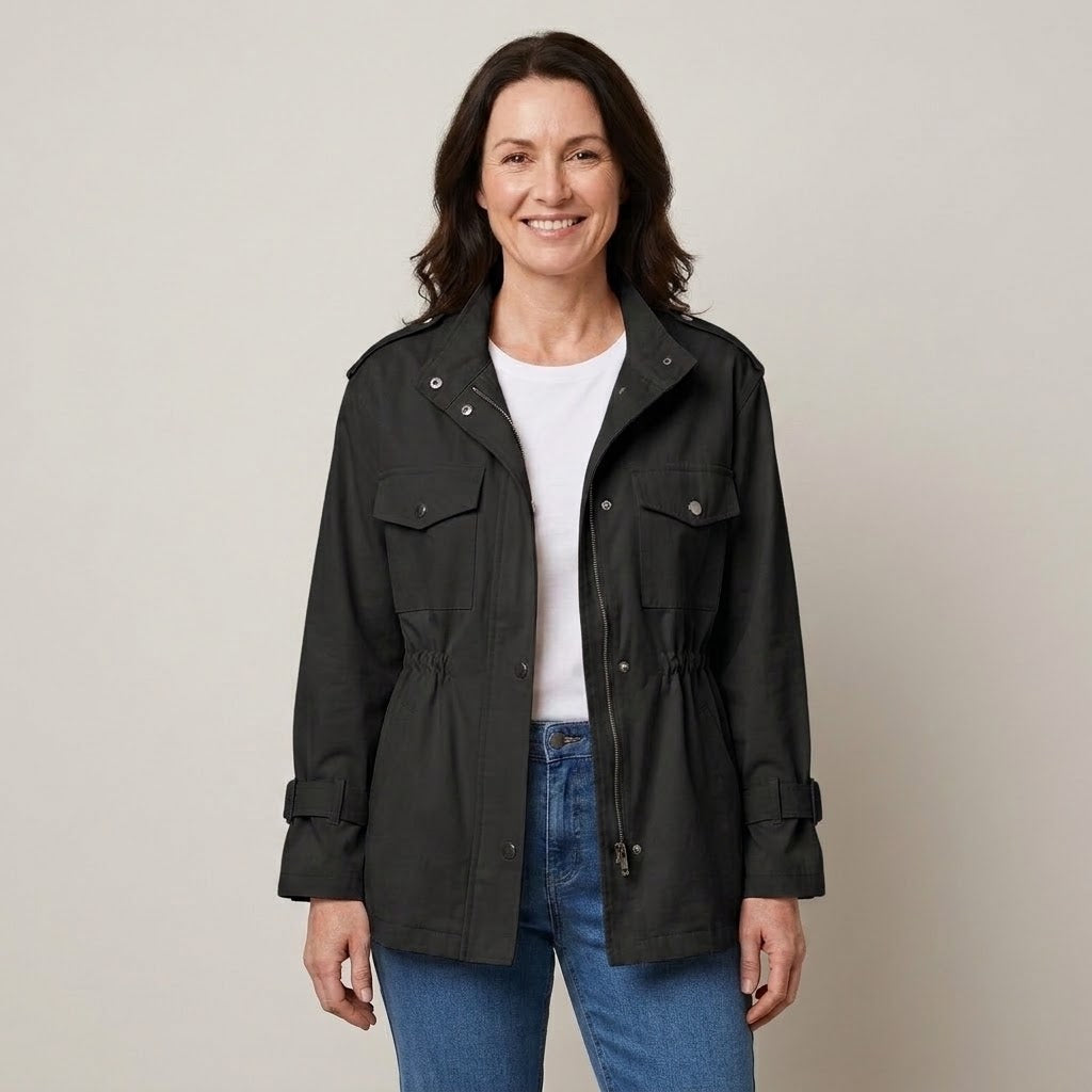Women's Beige Utility Jacket — Drawstring Waist Stand Collar Field Jacket