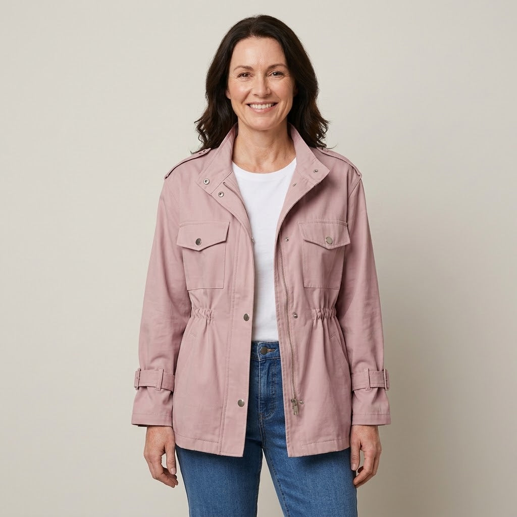 Women's Beige Utility Jacket — Drawstring Waist Stand Collar Field Jacket