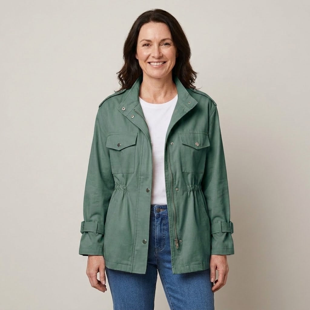 Women's Beige Utility Jacket — Drawstring Waist Stand Collar Field Jacket