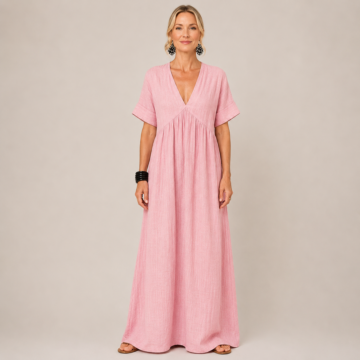 Clara V-Neck Maxi Dress — Women's Short Sleeve Relaxed Summer Maxi Dress
