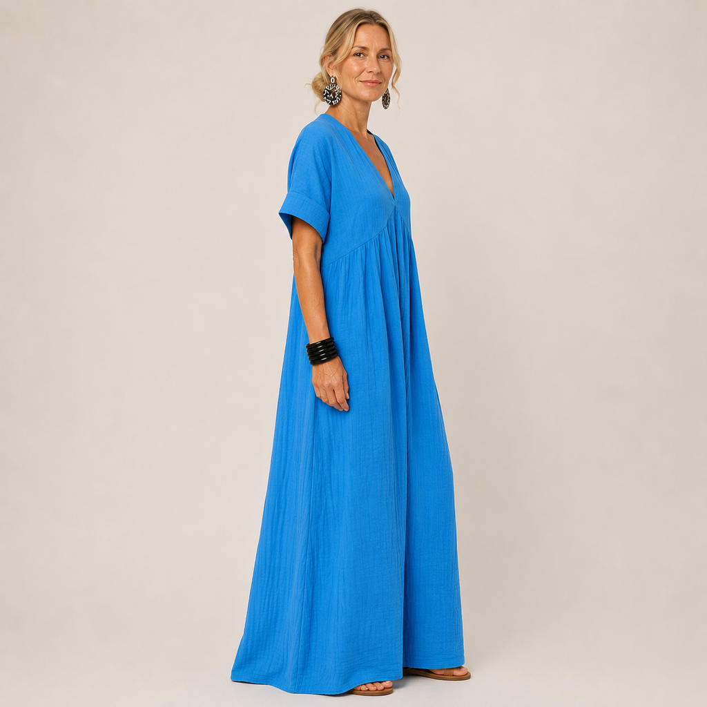 Clara V-Neck Maxi Dress — Women's Short Sleeve Relaxed Summer Maxi Dress