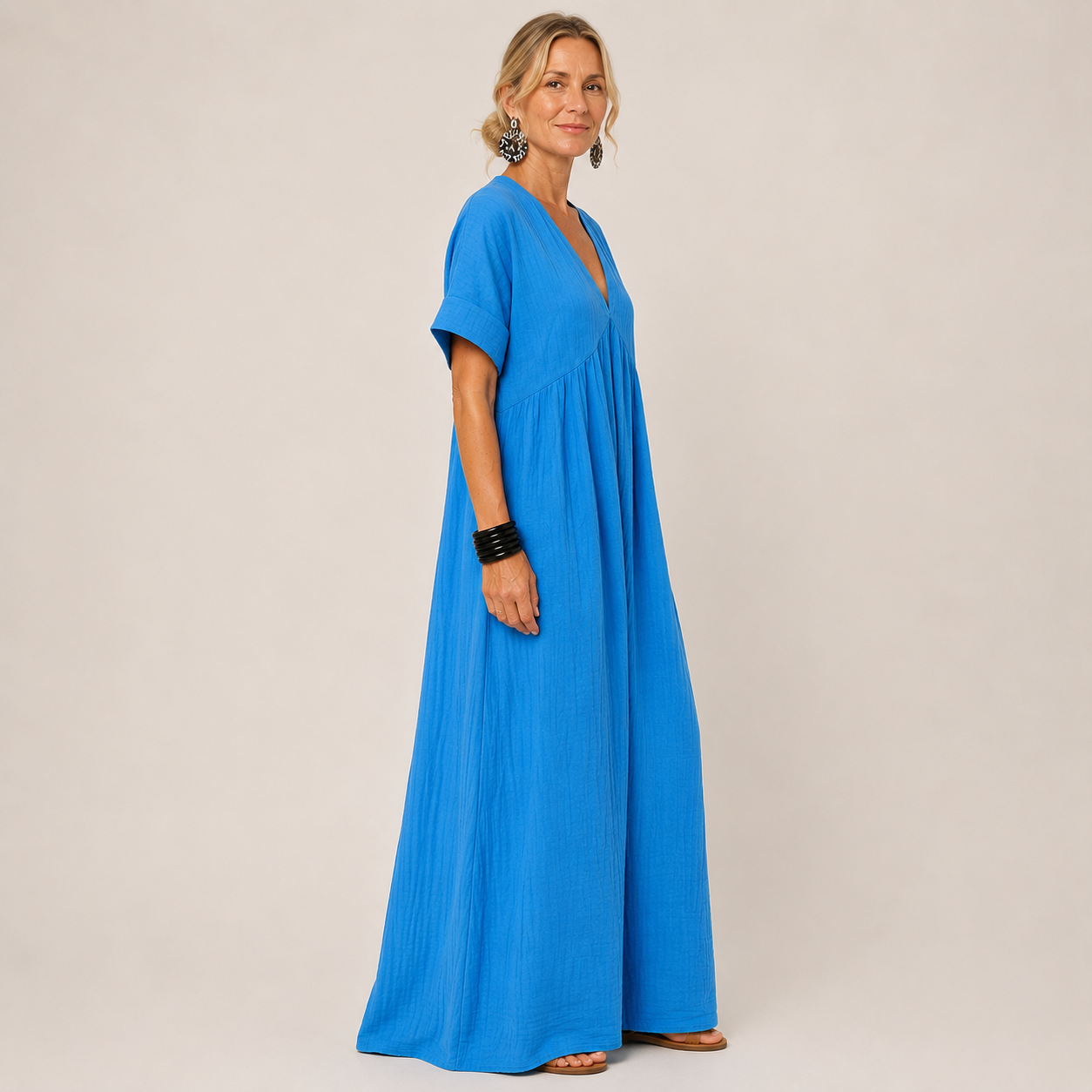 Clara V-Neck Maxi Dress — Women's Short Sleeve Relaxed Summer Maxi Dress