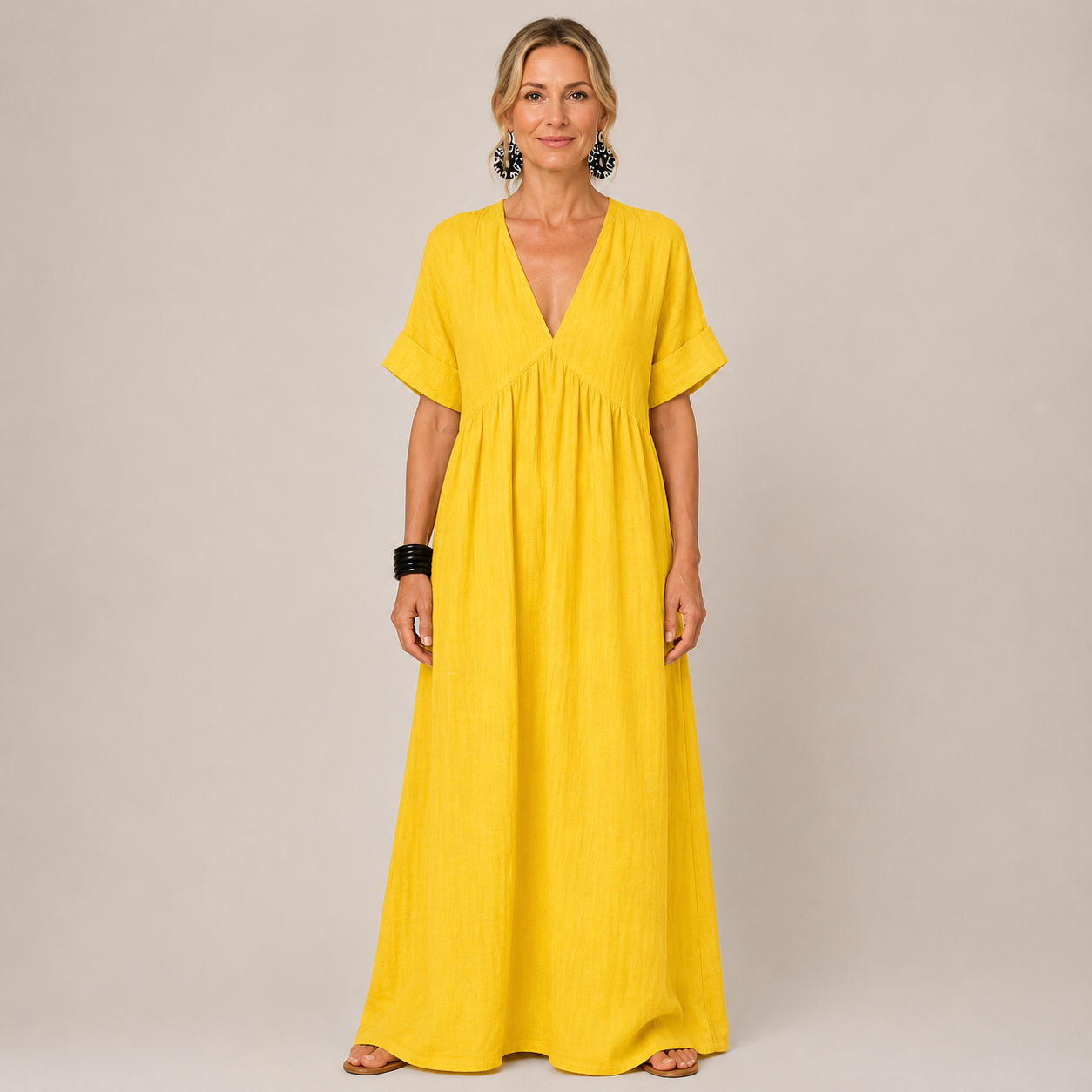 Clara V-Neck Maxi Dress — Women's Short Sleeve Relaxed Summer Maxi Dress