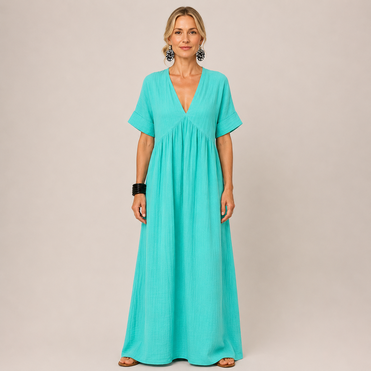 Clara V-Neck Maxi Dress — Women's Short Sleeve Relaxed Summer Maxi Dress