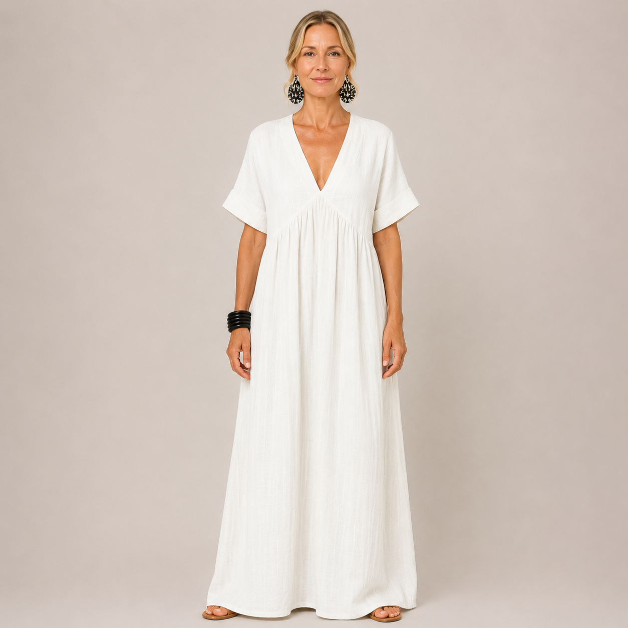 Clara V-Neck Maxi Dress — Women's Short Sleeve Relaxed Summer Maxi Dress