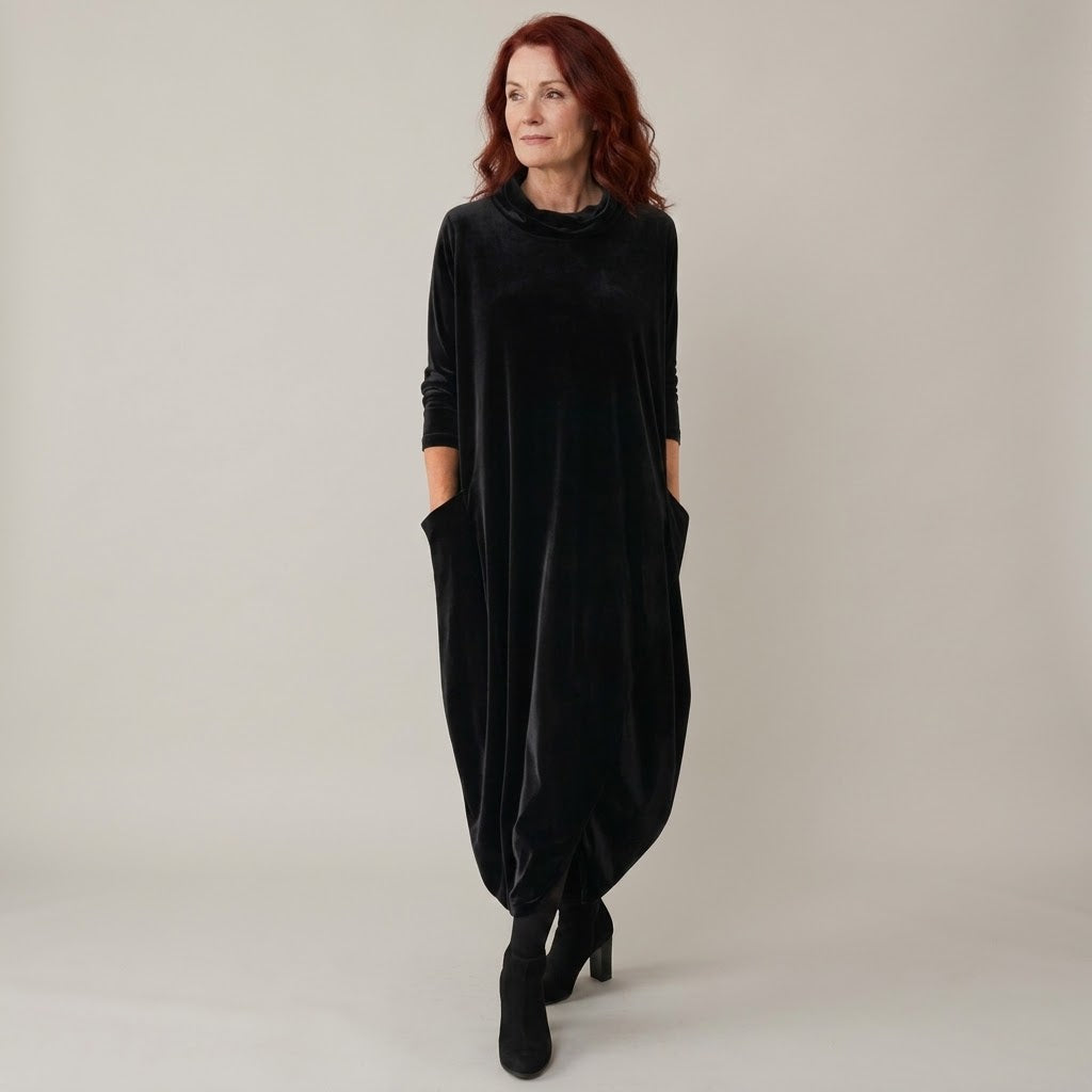 Women's Navy Velvet Dress — Cowl Neck Cocoon Midi Dress with Pockets