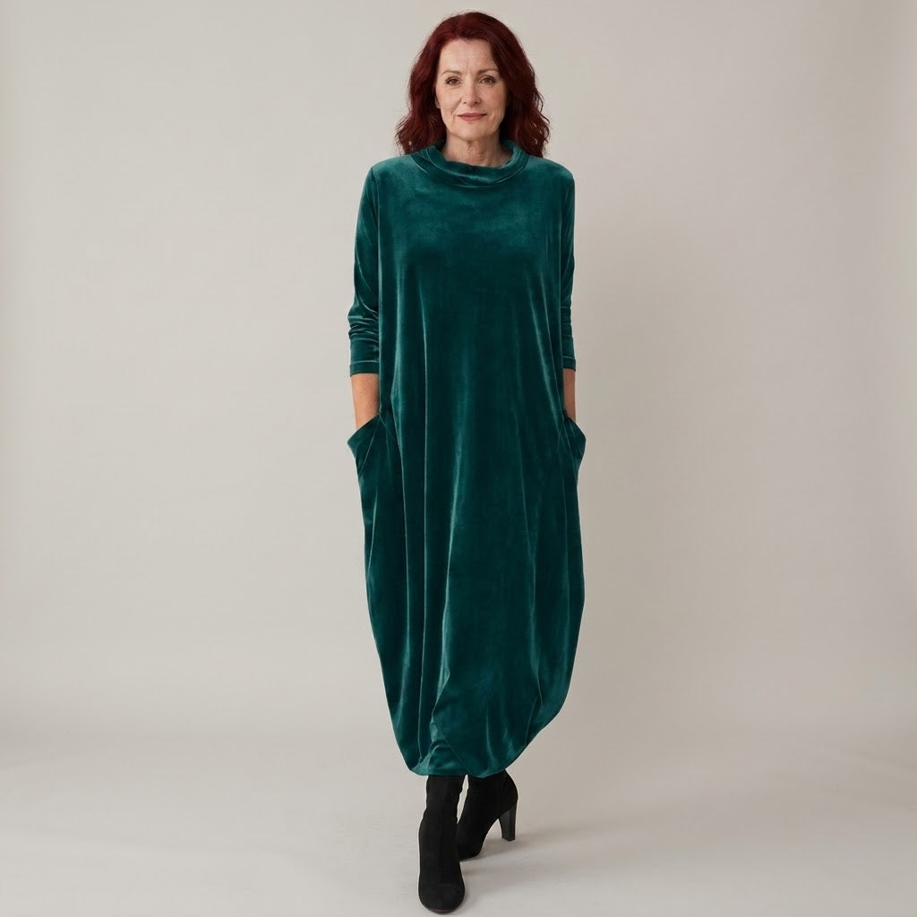 Women's Navy Velvet Dress — Cowl Neck Cocoon Midi Dress with Pockets