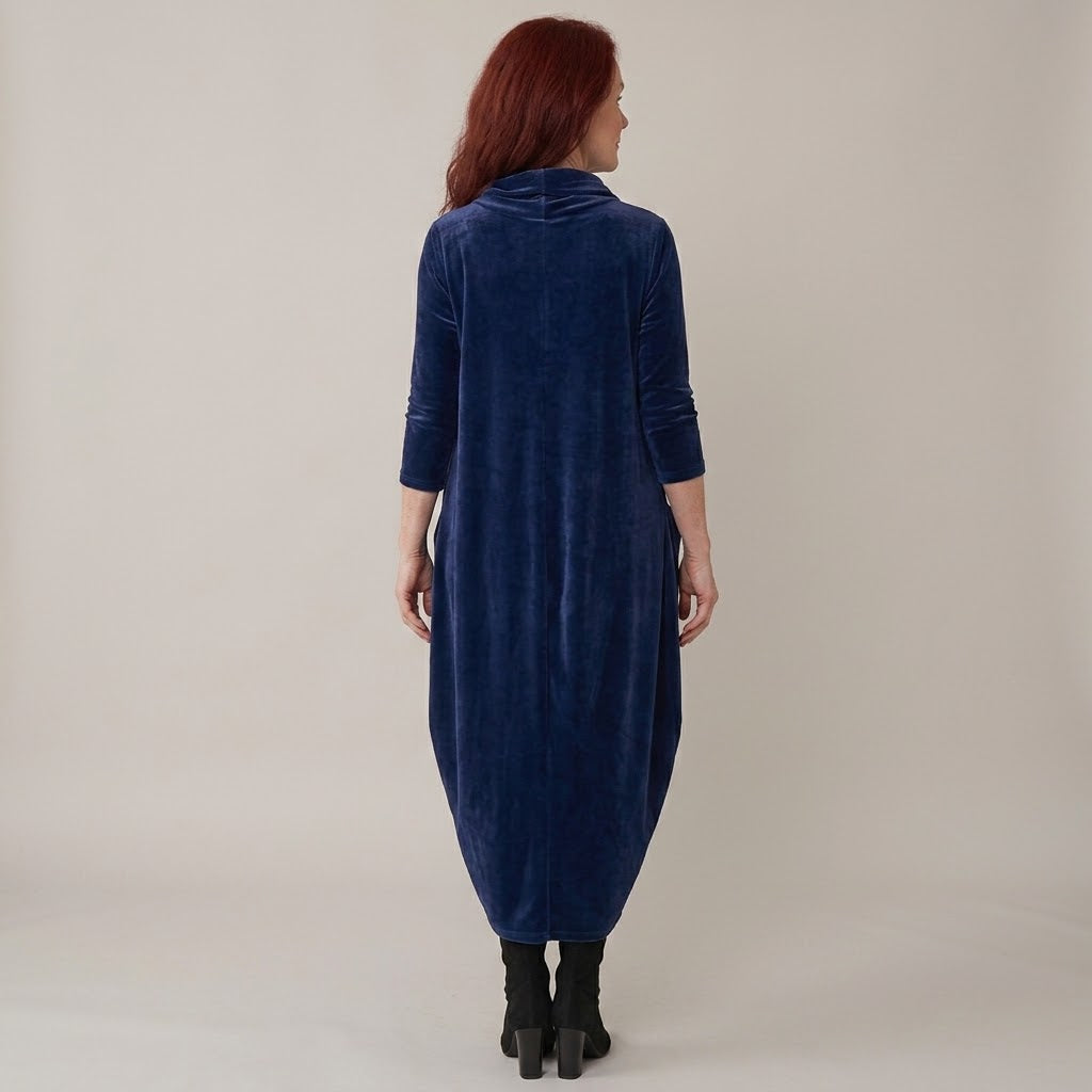 Women's Navy Velvet Dress — Cowl Neck Cocoon Midi Dress with Pockets