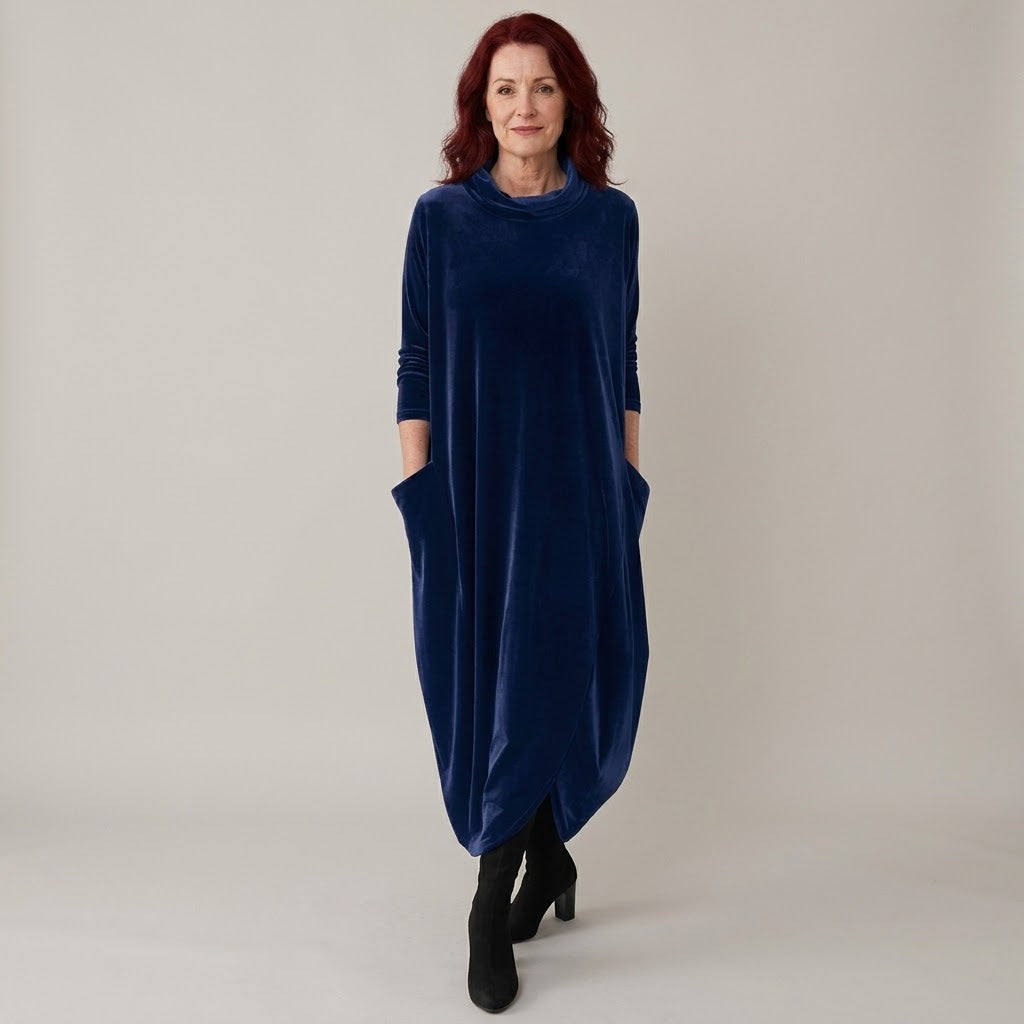 Women's Navy Velvet Dress — Cowl Neck Cocoon Midi Dress with Pockets