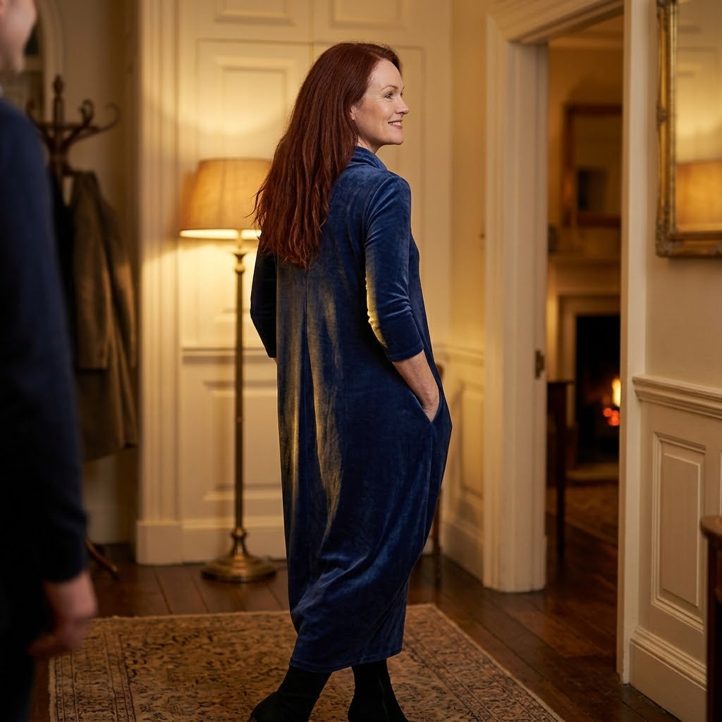 Women's Navy Velvet Dress — Cowl Neck Cocoon Midi Dress with Pockets