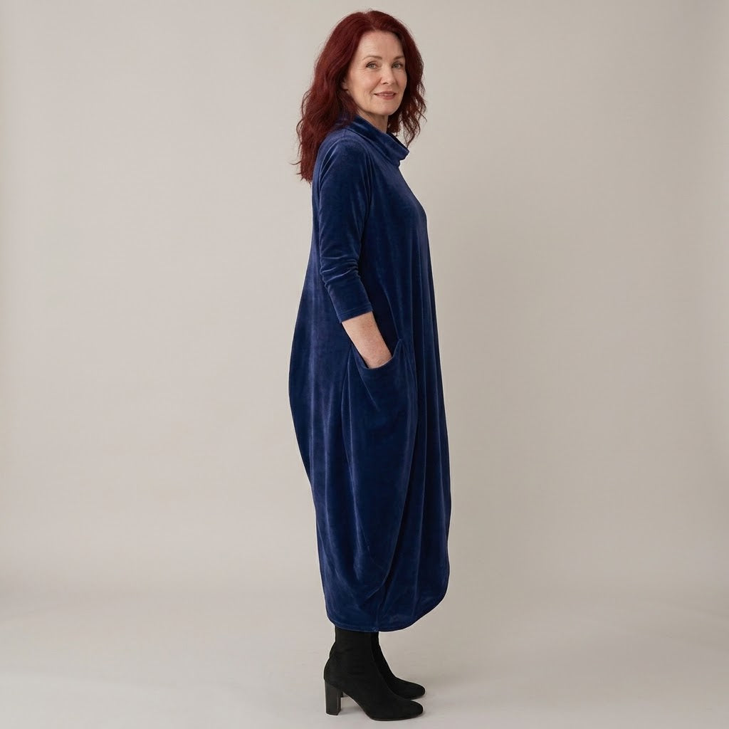 Women's Navy Velvet Dress — Cowl Neck Cocoon Midi Dress with Pockets