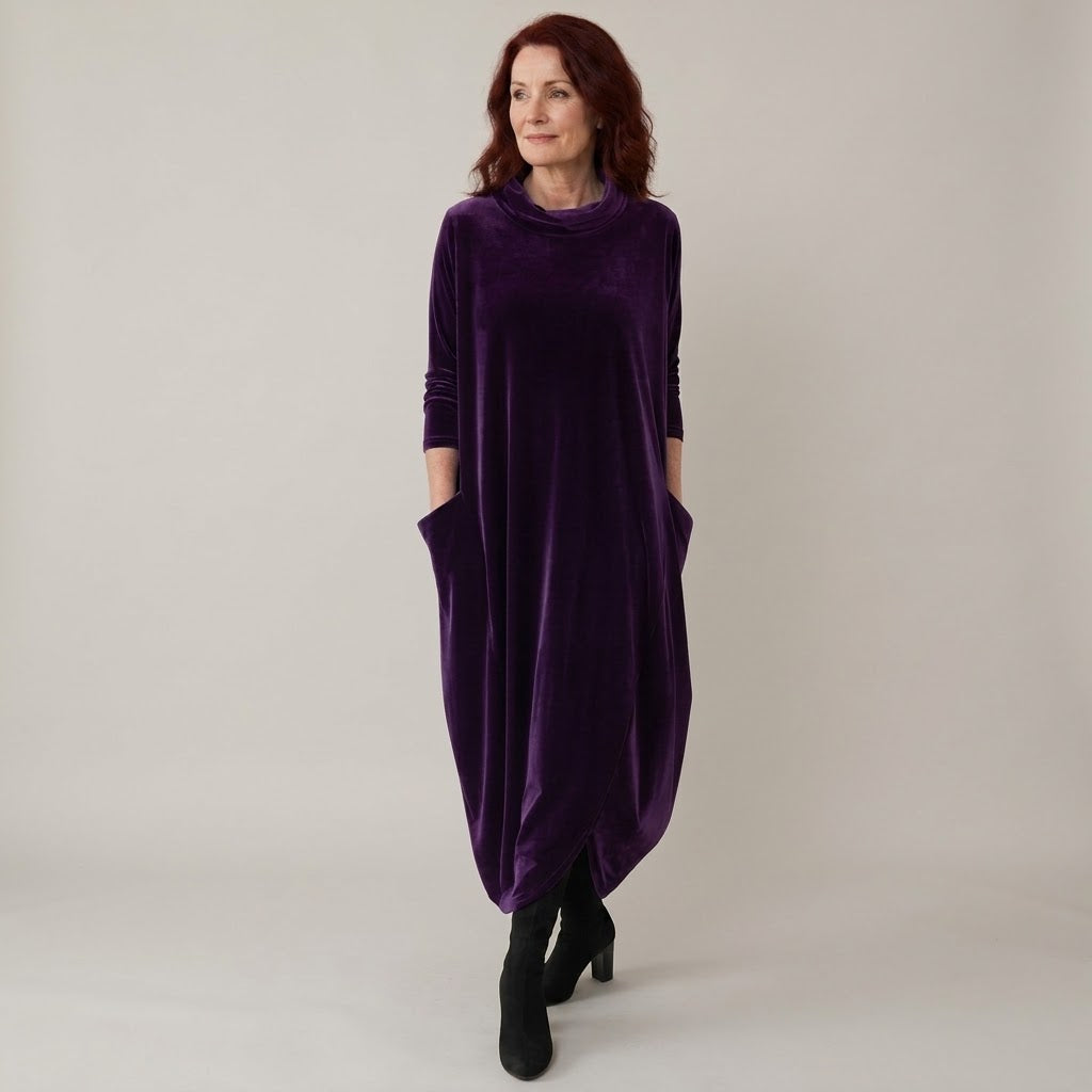 Women's Navy Velvet Dress — Cowl Neck Cocoon Midi Dress with Pockets