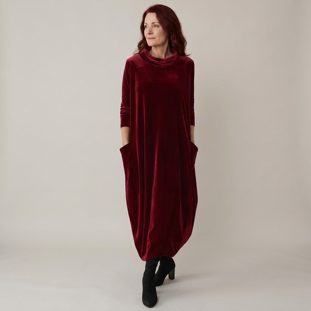 Women's Navy Velvet Dress — Cowl Neck Cocoon Midi Dress with Pockets
