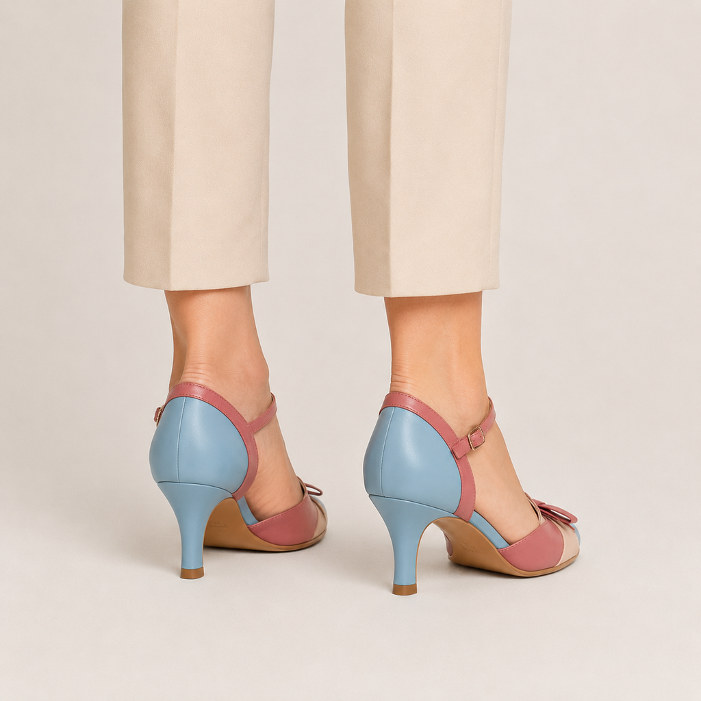 Clara Vintage Bow Heel — Women's Two Tone Ankle Strap Court Shoe