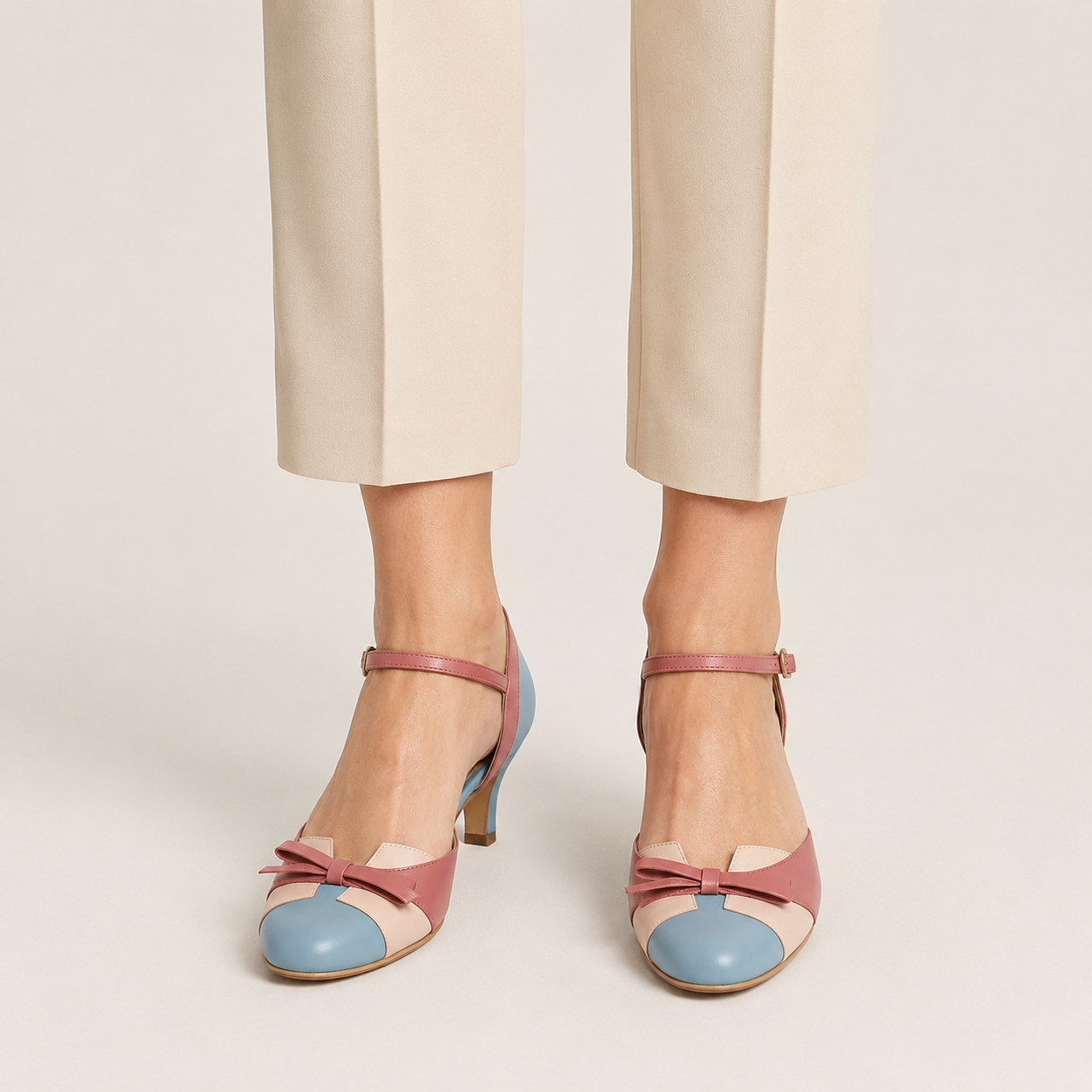 Clara Vintage Bow Heel — Women's Two Tone Ankle Strap Court Shoe