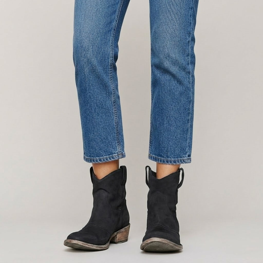 Women's Blue Western Ankle Boots — Block Heel Pull On Cowboy Boots