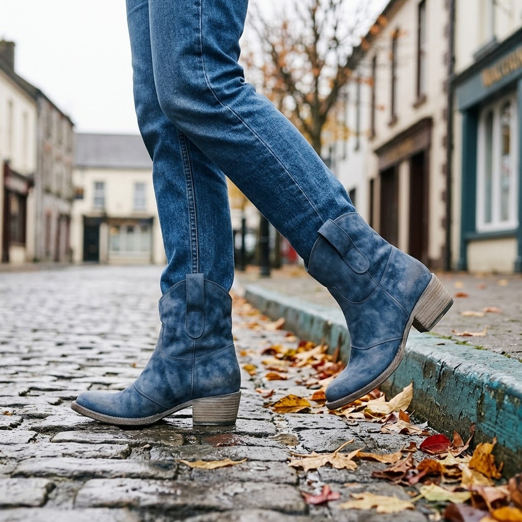 Women's Blue Western Ankle Boots — Block Heel Pull On Cowboy Boots