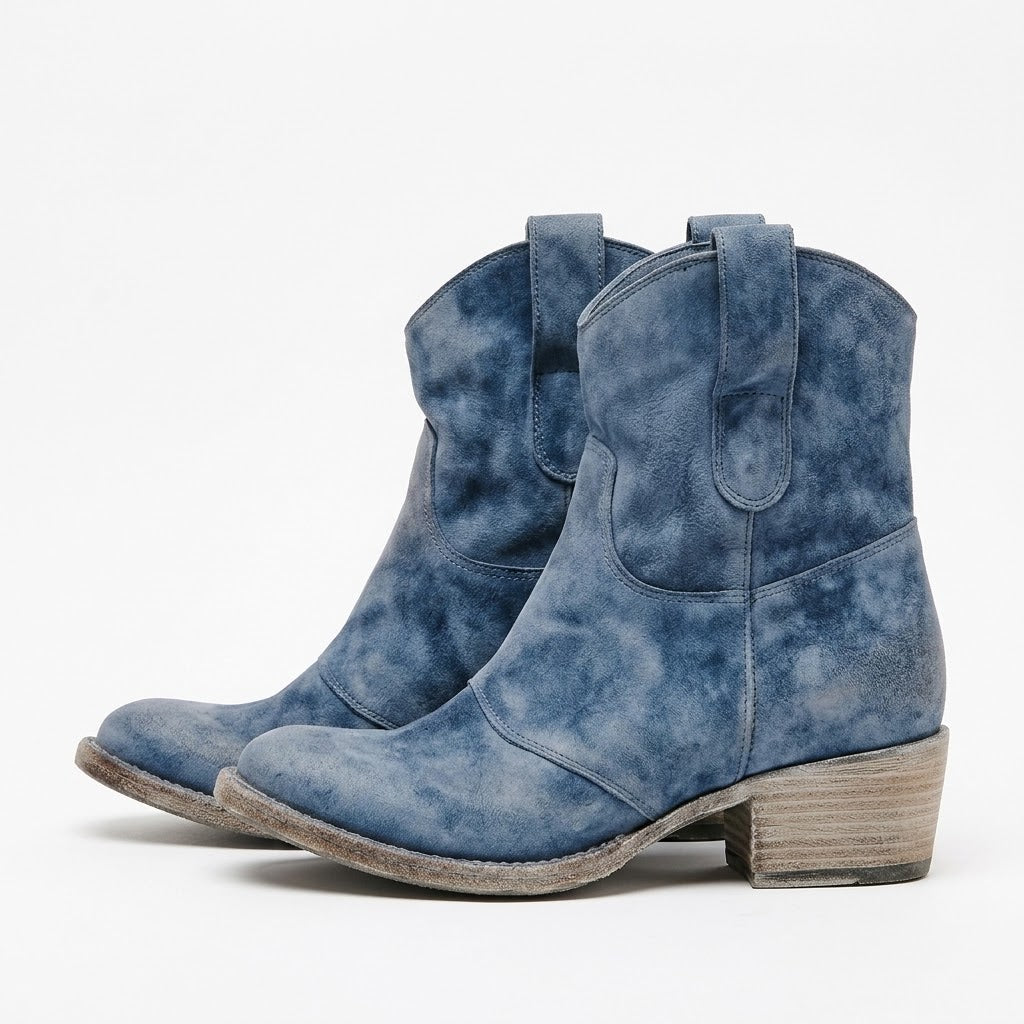 Women's Blue Western Ankle Boots — Block Heel Pull On Cowboy Boots