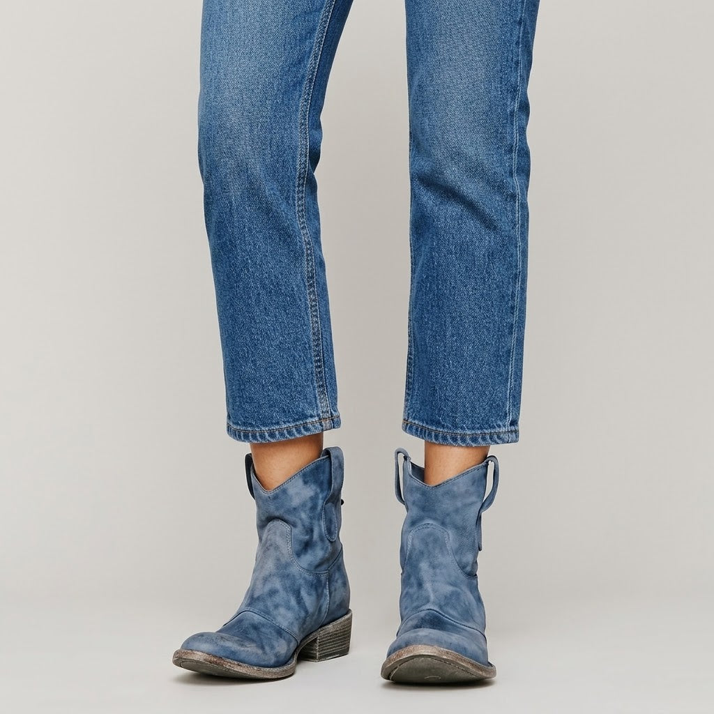 Women's Blue Western Ankle Boots — Block Heel Pull On Cowboy Boots