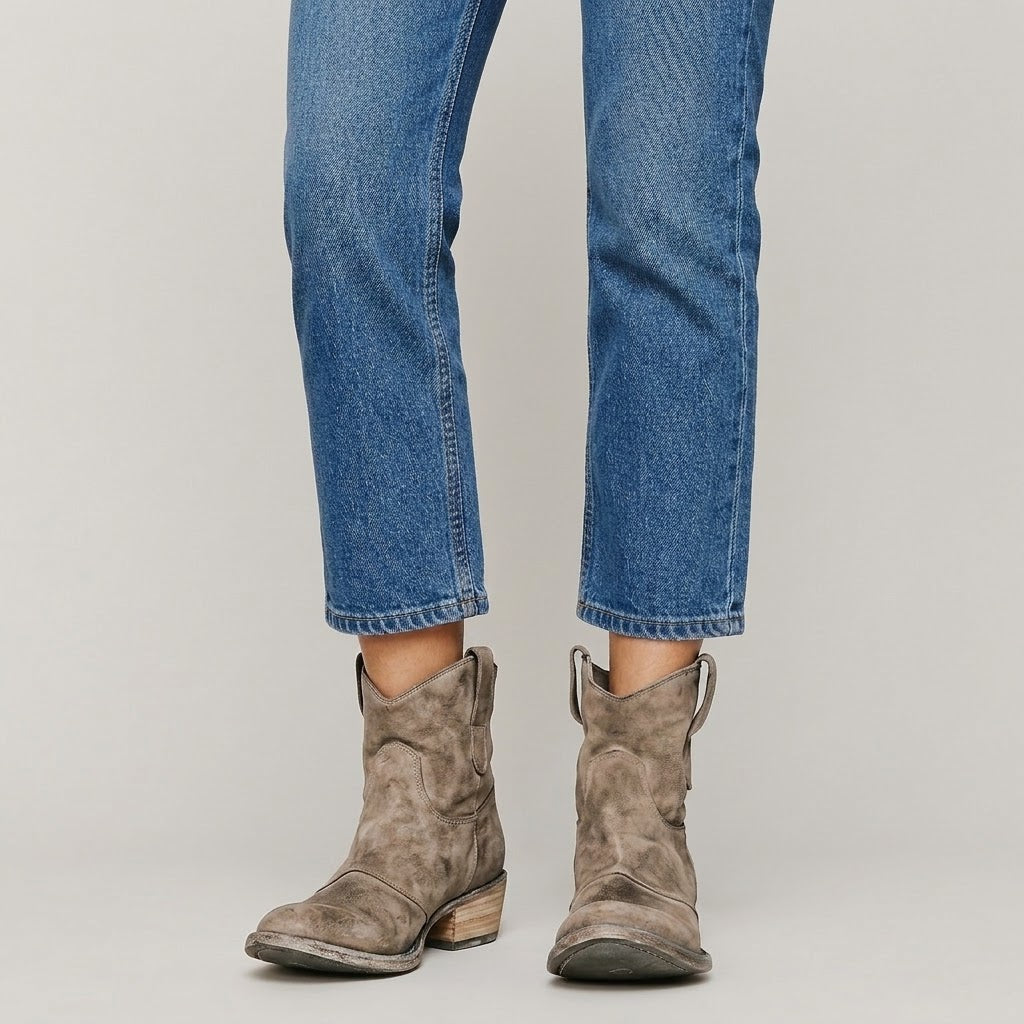 Women's Blue Western Ankle Boots — Block Heel Pull On Cowboy Boots