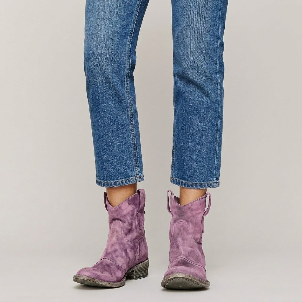 Women's Blue Western Ankle Boots — Block Heel Pull On Cowboy Boots