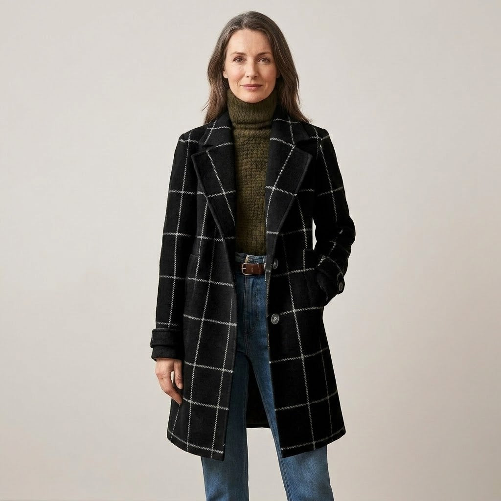 Women's Green Check Winter Coat — Windowpane Notch Lapel Mid Length Jacket