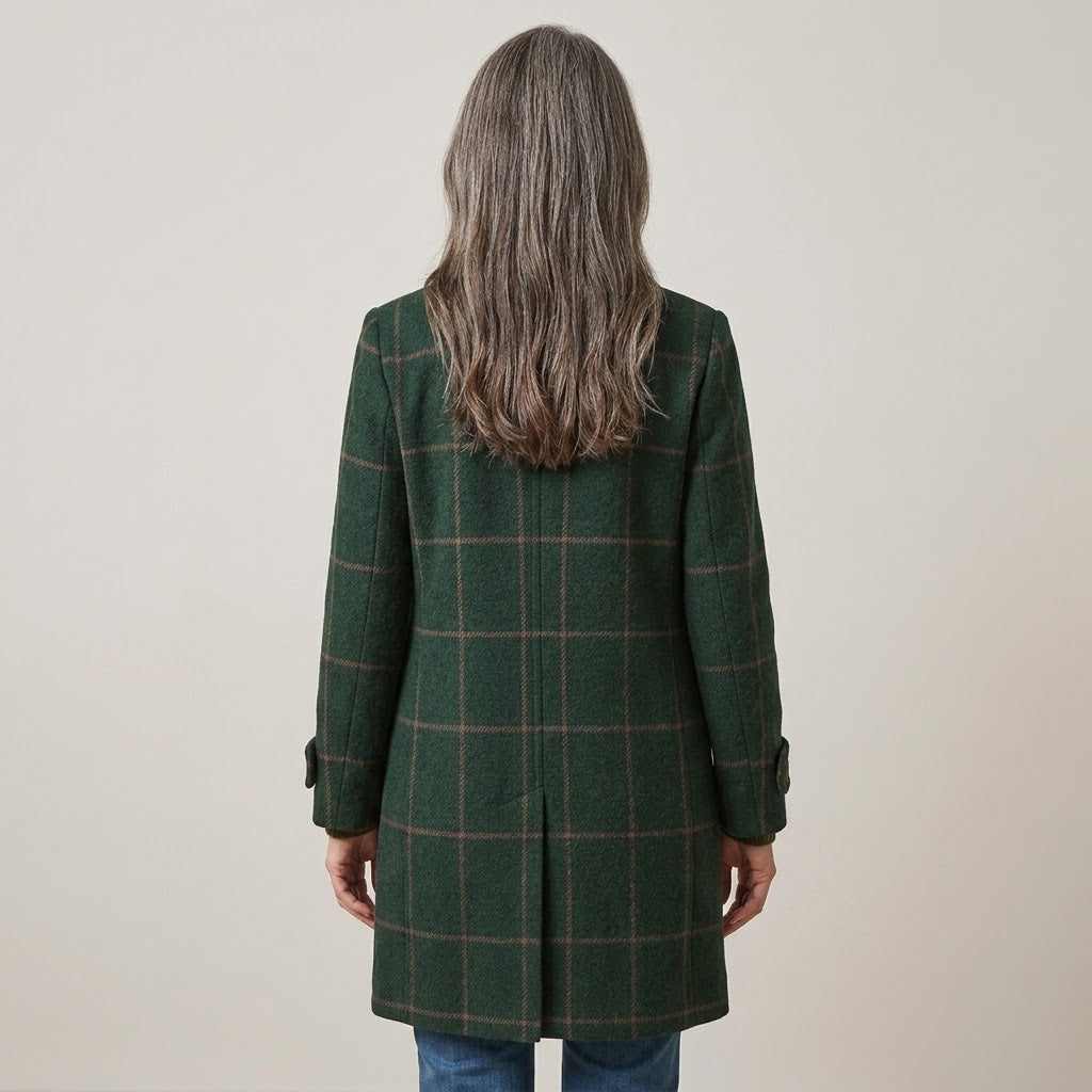Women's Green Check Winter Coat — Windowpane Notch Lapel Mid Length Jacket
