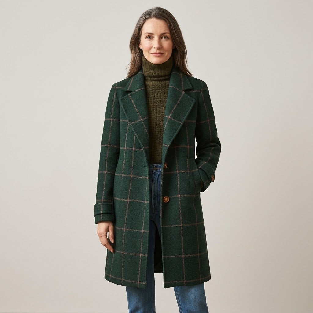 Women's Green Check Winter Coat — Windowpane Notch Lapel Mid Length Jacket