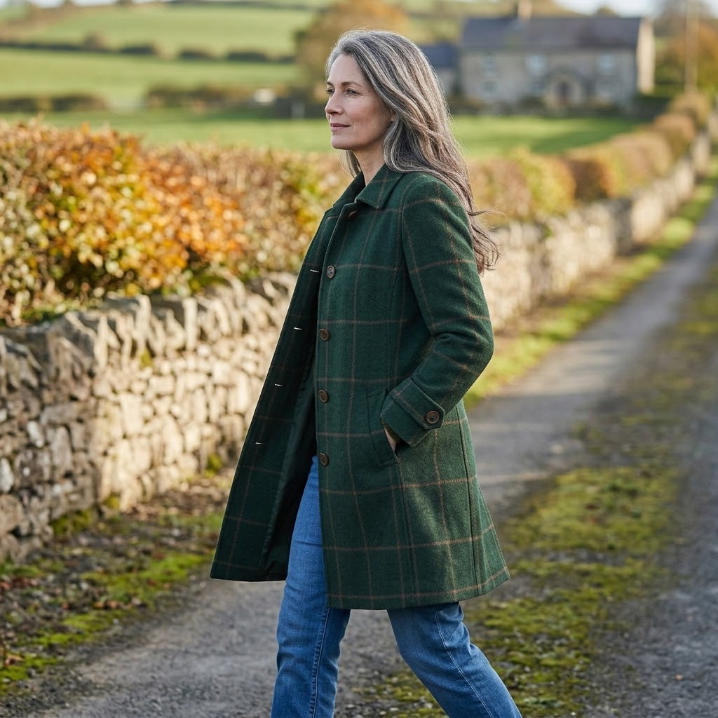 Women's Green Check Winter Coat — Windowpane Notch Lapel Mid Length Jacket