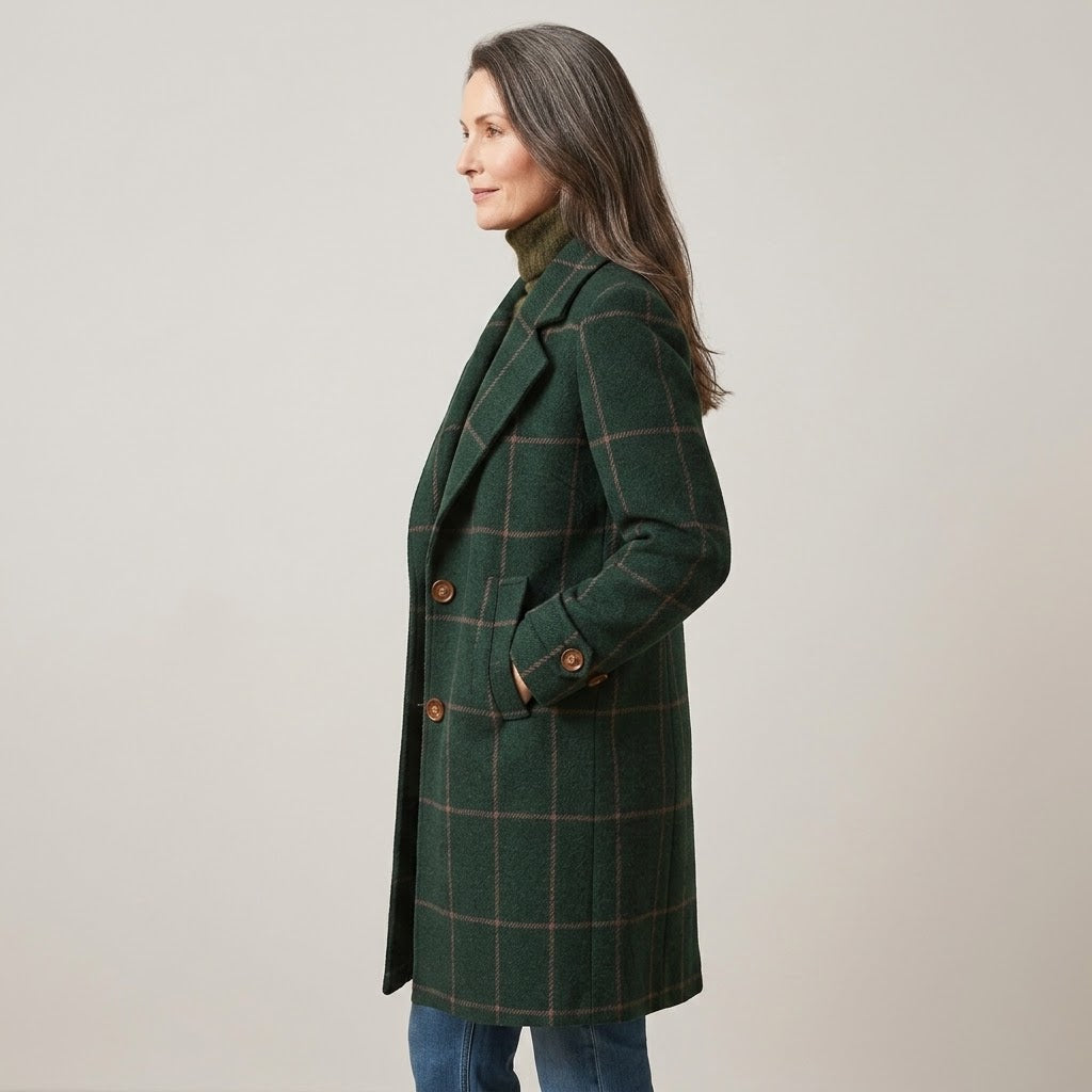 Women's Green Check Winter Coat — Windowpane Notch Lapel Mid Length Jacket