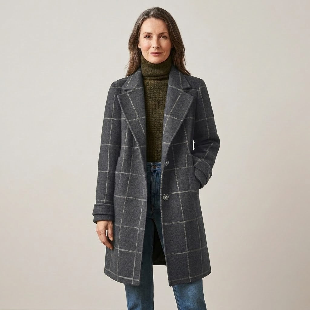 Women's Green Check Winter Coat — Windowpane Notch Lapel Mid Length Jacket