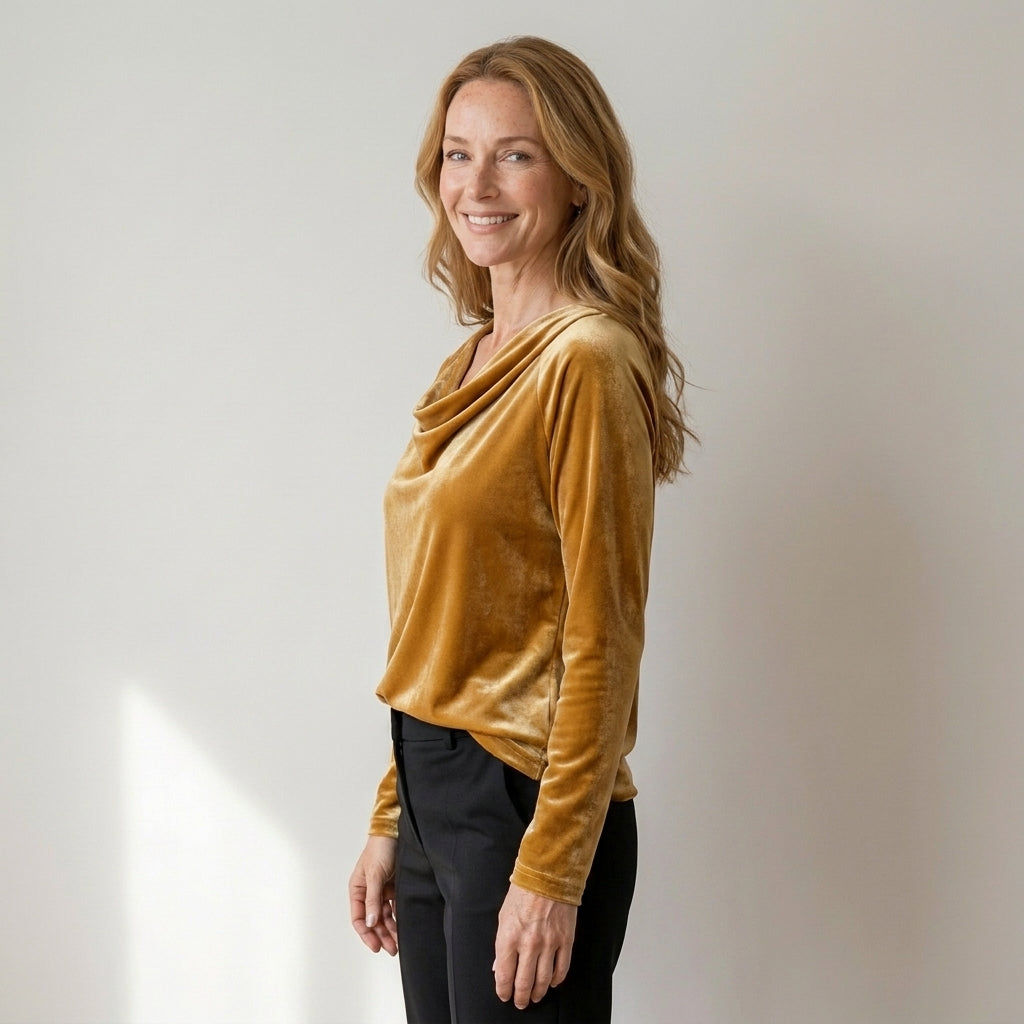 Women's Velvet Cowl Neck Top, Long Sleeve – Gold