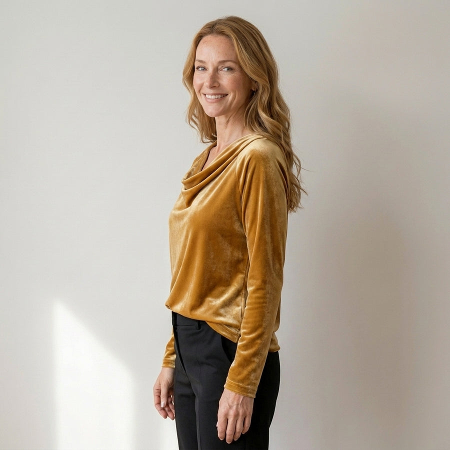 Women's Velvet Cowl Neck Top, Long Sleeve – Gold
