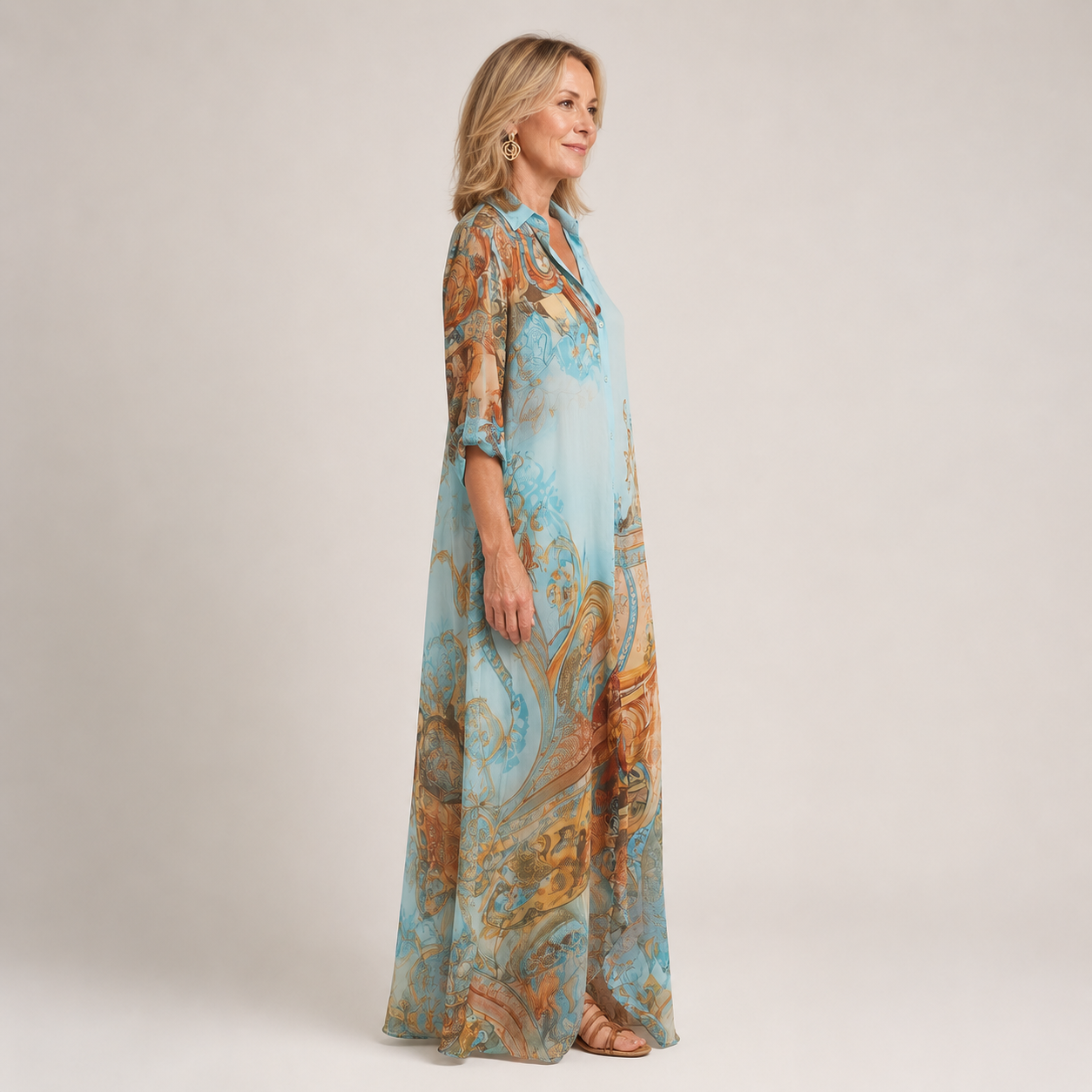 Clara Printed Maxi Shirt Dress — Women's Long Sleeve Button Down Dress