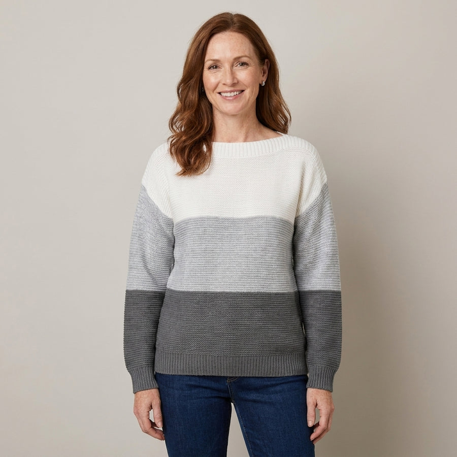 Ladies Colour Block Knit Jumper – Relaxed Fit Round Neck Sweater