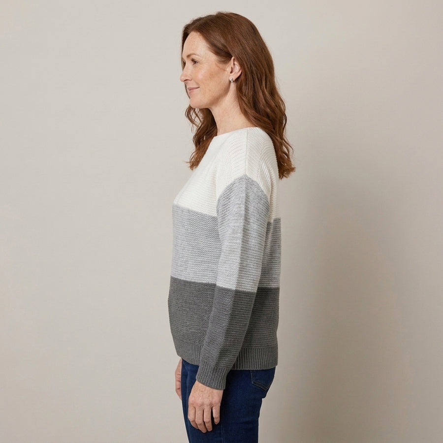 Ladies Colour Block Knit Jumper – Relaxed Fit Round Neck Sweater