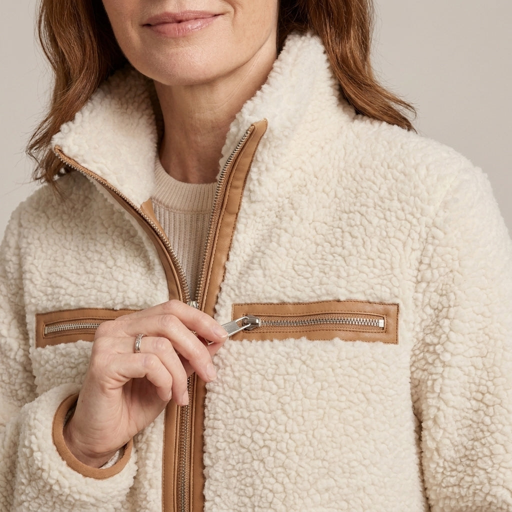 Ladies Cream Teddy Jacket – High Collar, Tan Contrast Trim, Zip Front, Relaxed Fit