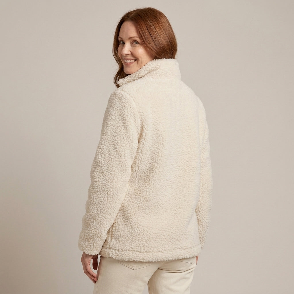 Ladies Cream Teddy Jacket – High Collar, Tan Contrast Trim, Zip Front, Relaxed Fit