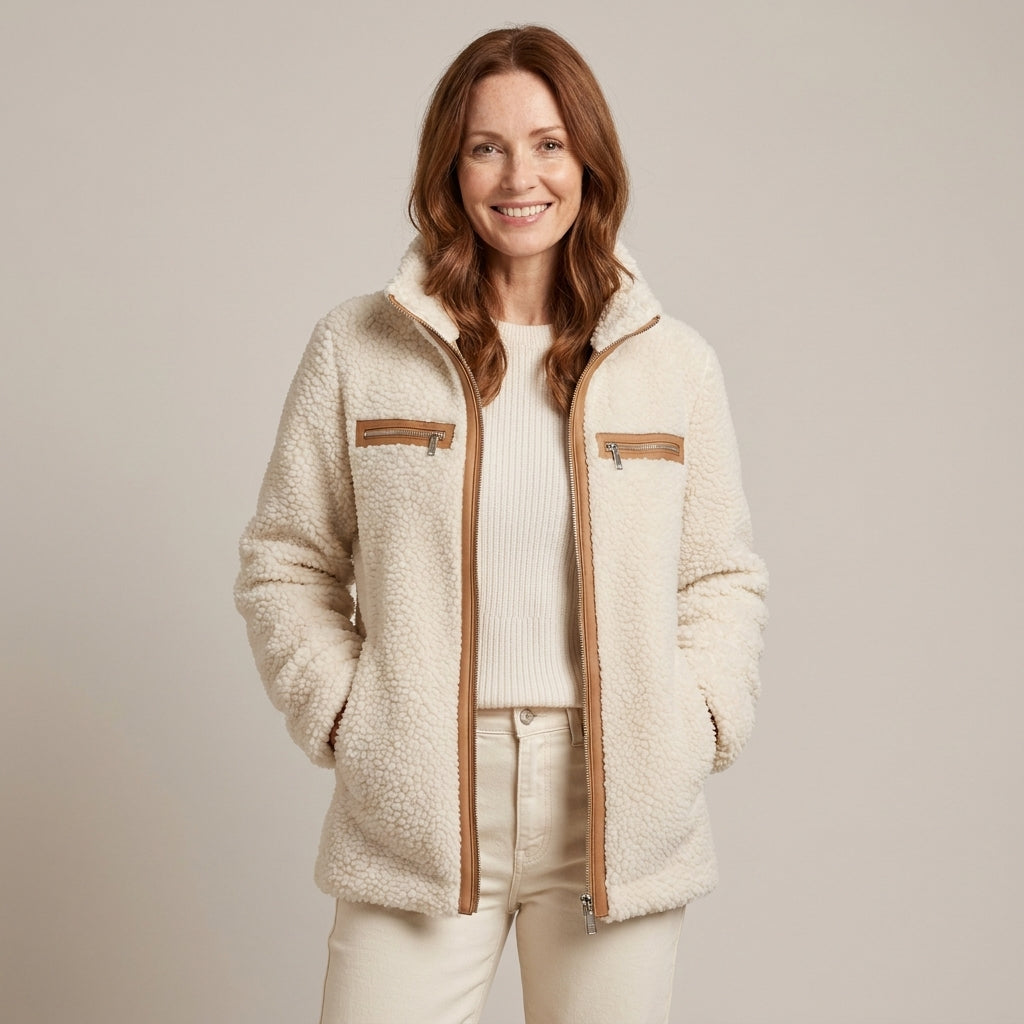 Ladies Cream Teddy Jacket – High Collar, Tan Contrast Trim, Zip Front, Relaxed Fit