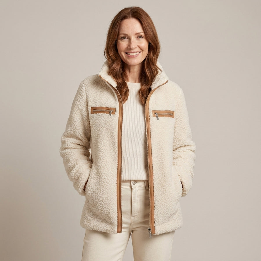 Ladies Cream Teddy Jacket – High Collar, Tan Contrast Trim, Zip Front, Relaxed Fit