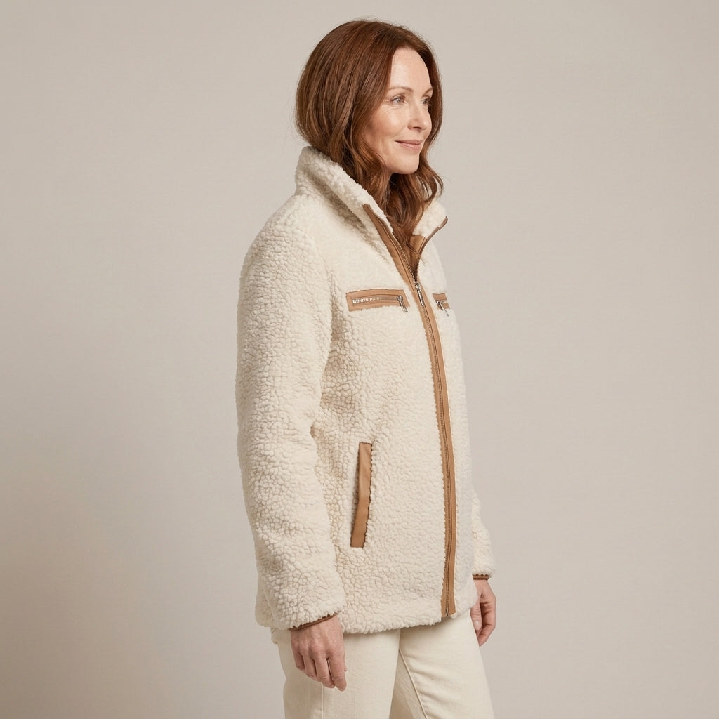 Ladies Cream Teddy Jacket – High Collar, Tan Contrast Trim, Zip Front, Relaxed Fit