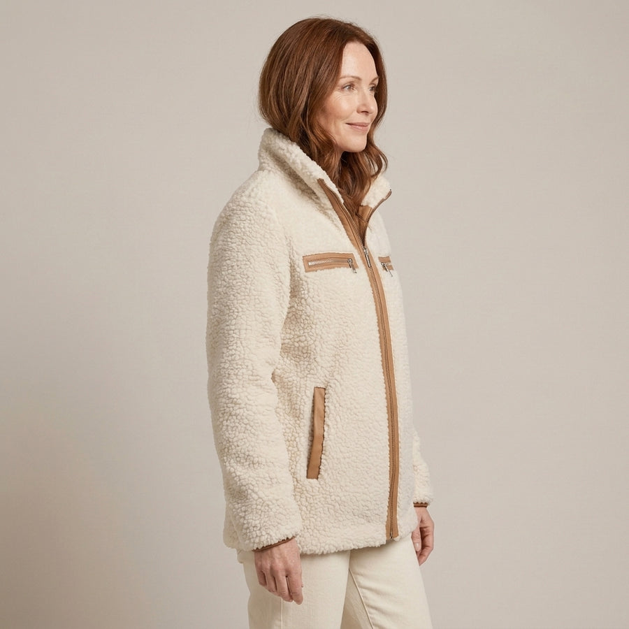 Ladies Cream Teddy Jacket – High Collar, Tan Contrast Trim, Zip Front, Relaxed Fit