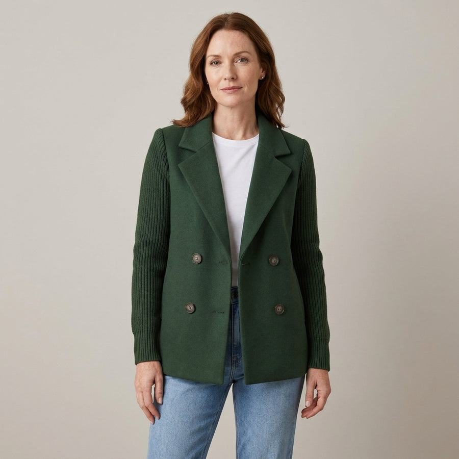 Ladies Double-Breasted Blazer Jacket with Ribbed Knit Sleeves