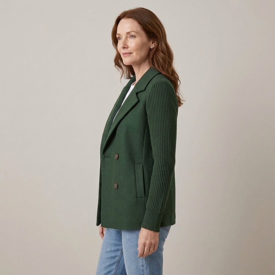 Ladies Double-Breasted Blazer Jacket with Ribbed Knit Sleeves