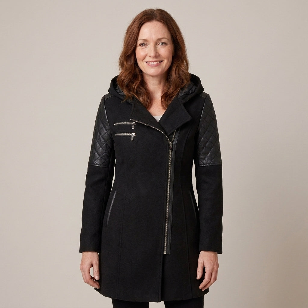 Ladies Hooded Winter Coat with Asymmetric Zip & Quilted Shoulders