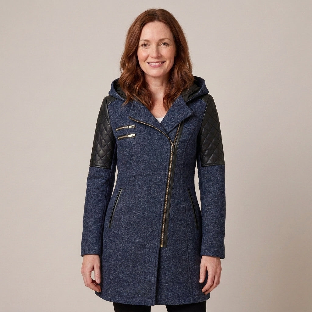 Ladies Hooded Winter Coat with Asymmetric Zip & Quilted Shoulders