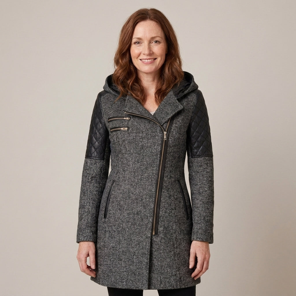 Ladies Hooded Winter Coat with Asymmetric Zip & Quilted Shoulders