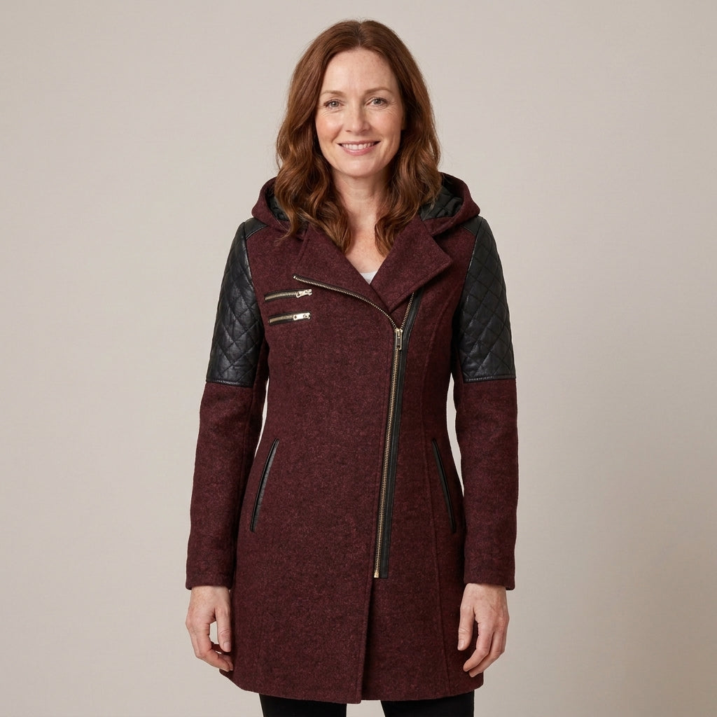 Ladies Hooded Winter Coat with Asymmetric Zip & Quilted Shoulders