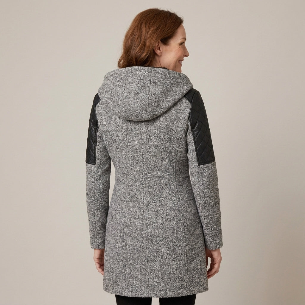 Ladies Hooded Winter Coat with Asymmetric Zip & Quilted Shoulders