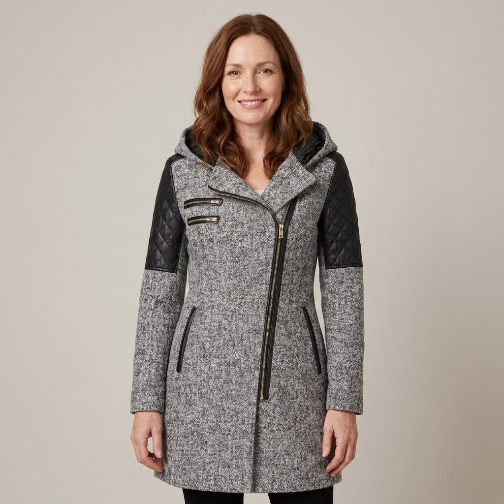 Ladies Hooded Winter Coat with Asymmetric Zip & Quilted Shoulders